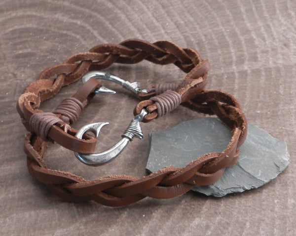 Mens Womens Braided Leather Fish Hook Hope Wrap Rope Bracelet