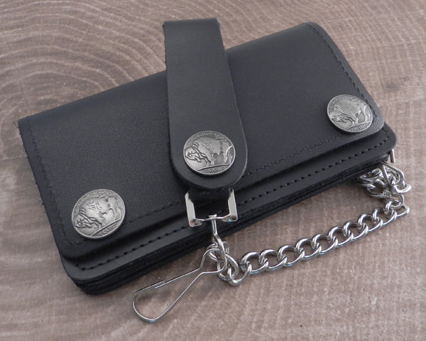 Black Leather Biker Chain Wallet 6 with Hidden Snaps
