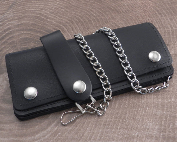 Black Leather Biker Chain Wallet with Iron Cross Snaps