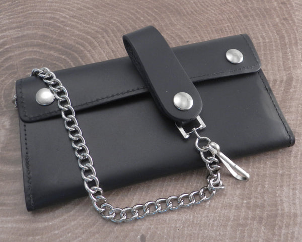 Black Leather Biker Chain Wallet 6 with Hidden Snaps